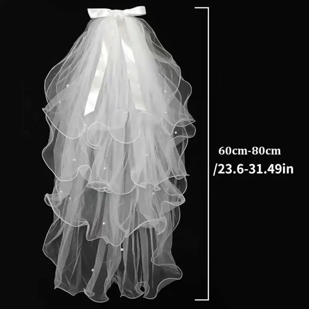 5 Layer Pearl Accents Elbow Bridal Wedding Veil With Satin Bow Comb White Veil